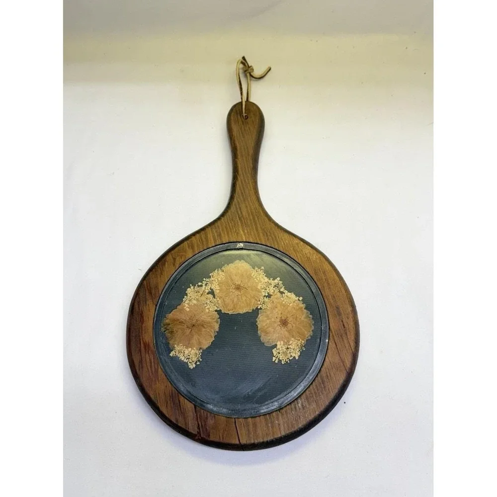 Wooden Hand Held Mirror W/ Pressed Flowers Round Vanity Dresser Handle